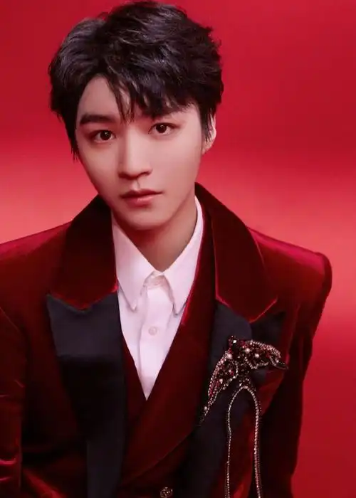 王俊凯红色丝绒西装##王俊凯春联祝福写真