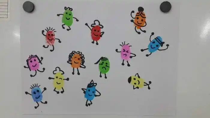 注意手指蘸的颜料要覆盖整个指肚; 3.多鼓励幼儿尝试用多个手印进