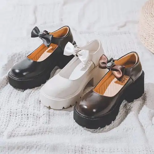 jk鞋日系粗跟白色复古玛丽珍鞋厚底小皮鞋高跟鞋2022新款女夏单鞋