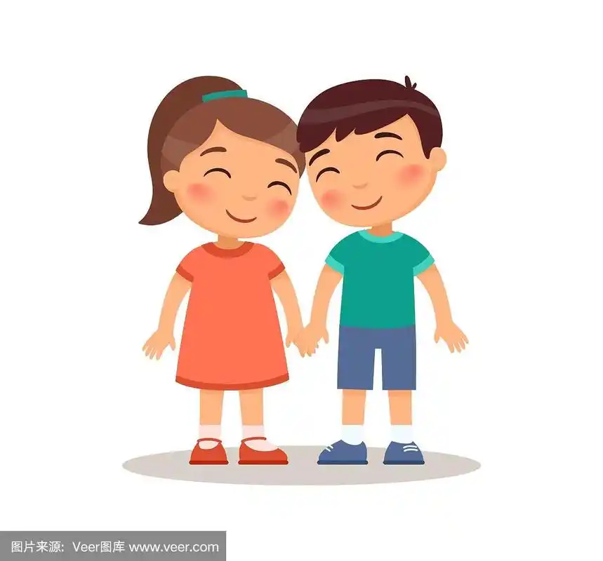 微笑的男孩和女孩的孩子手牵着手.儿童卡通人物.