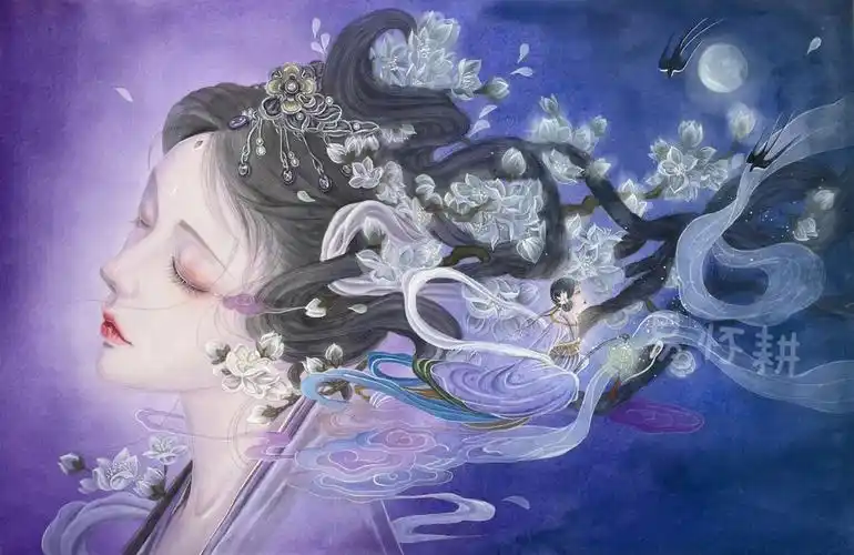 古风水彩人物手绘含线稿过程图