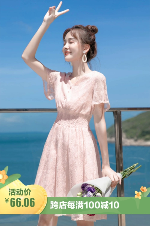 2021夏季新款流行裙子收腰显瘦设计感蕾丝茶歇法式连衣裙女夏