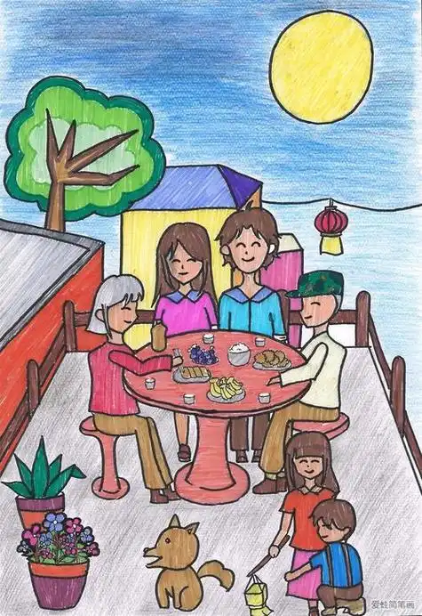 画中秋节赏月简笔画中秋节和家人简笔画阖家团圆中秋节简笔画儿童画