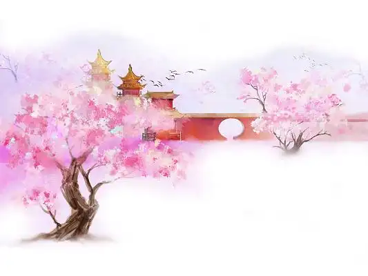 粉色手绘古风水墨风桃花树古建筑红墙桃花节元素png素材